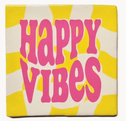 Carreau décoratif en céramique à message "Happy vibes" – fabrication artisanale