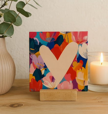 Carreau décoratif en céramique à message "Cœur & fleurs" – fabrication artisanale