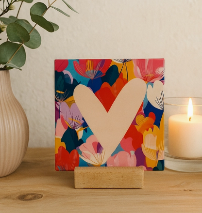 Carreau décoratif en céramique à message "Cœur & fleurs" – fabrication artisanale